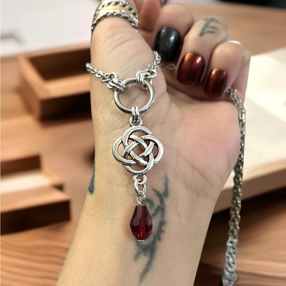🔴Necklace stainless steel cable link chain , celtic charm & dangly red crystal - Picture 3 of 10